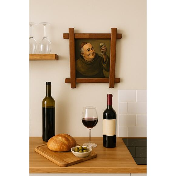 Vintage Monk Wine Art Rustic Wood Framed Painting - Picture 1 of 9